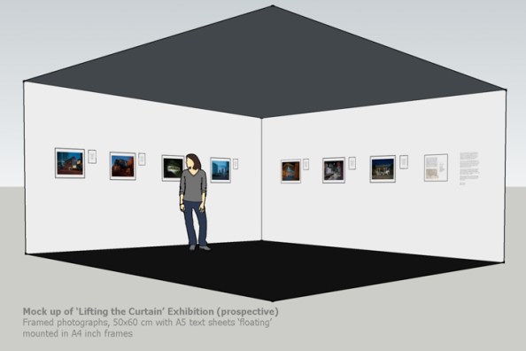 'Lifting the Curtain' installation maquette — 50x60 cm photographs with A4  text frames ©Keith Greenough 2014